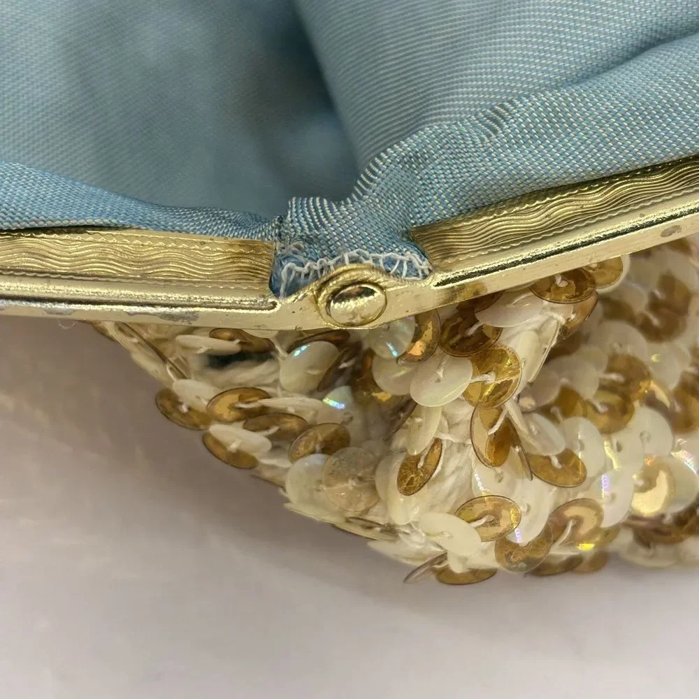 Vintage 1950s Sequin Evening Bag Gold-Iridescent‎ White Metal Frame Purse